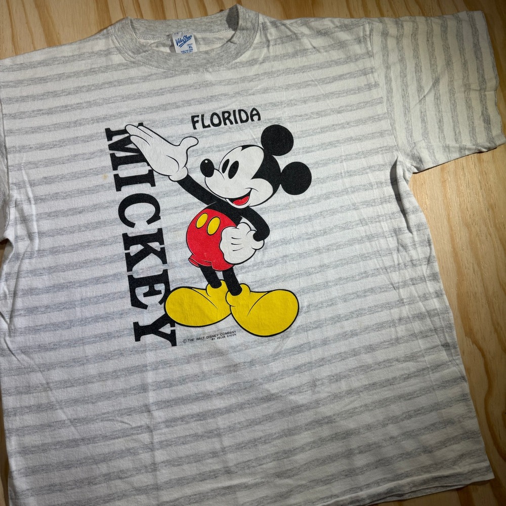 Velva Sheen Men's Mickey Mouse Florida Striped Graphic T-Shirt Gray Vintage XL
